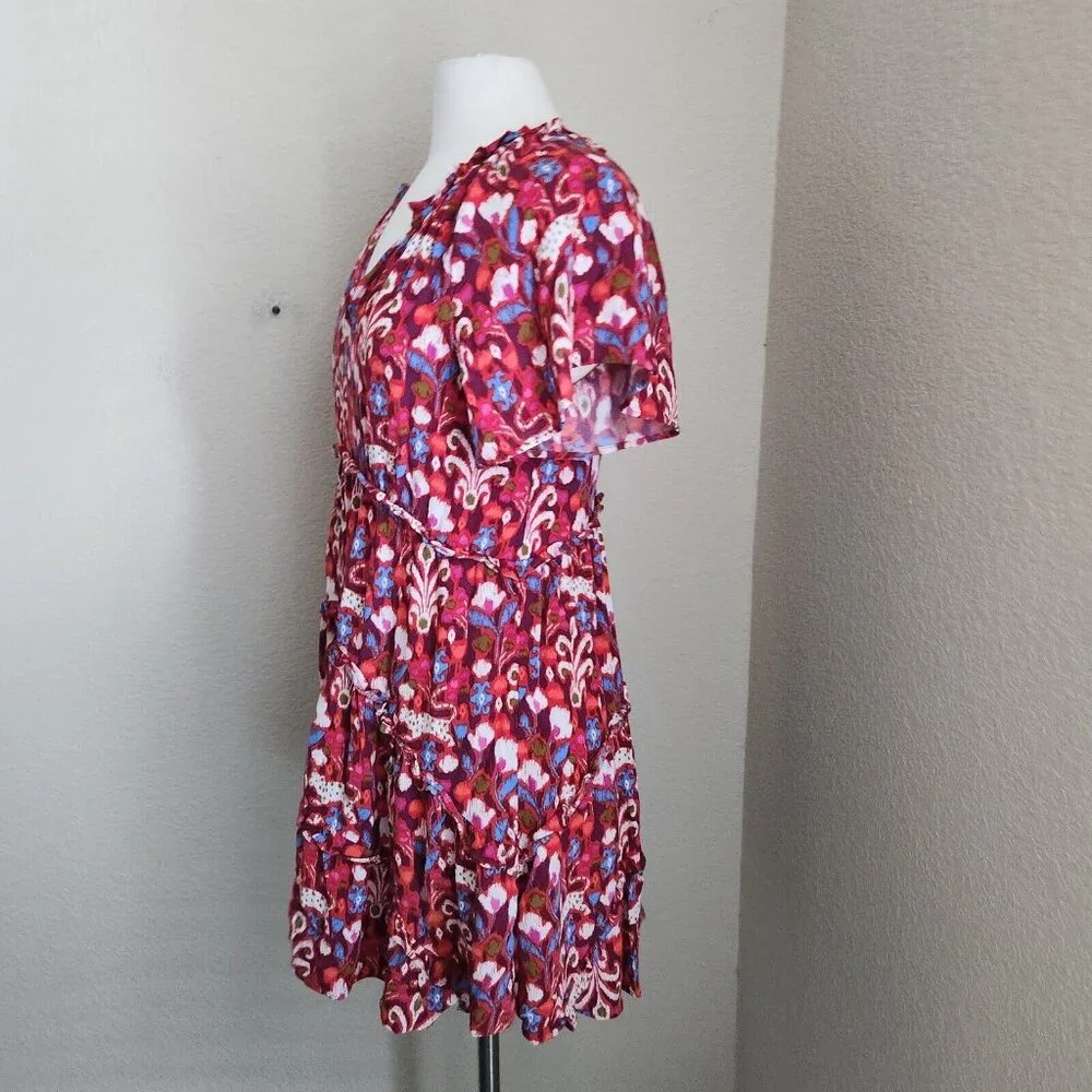 Anthropologie Robin Floral Ruffle Tiered Mini Dress Size XS‎ Oversized Pink Red